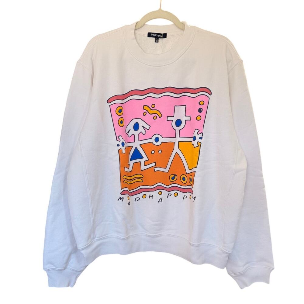 NWT Madhappy Together Fleece Graphic Pullover Crewneck Optic White Size L
